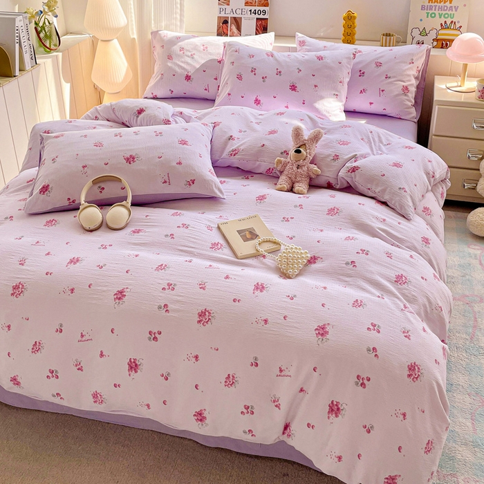 91家纺网 家纺一手货源 找家纺 维娜斯家纺 2025新款印花双层纱四件套亲肤柔软适合裸睡 夏日盛果