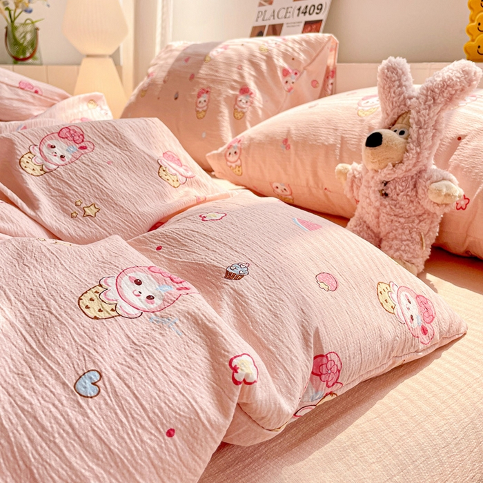 91家纺网 家纺一手货源 找家纺 维娜斯家纺 2025新款印花双层纱四件套亲肤柔软适合裸睡 小兔莉莉