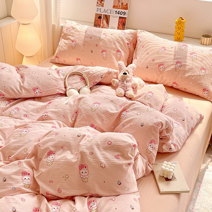 91家纺网 家纺一手货源 找家纺 维娜斯家纺 2025新款印花双层纱四件套亲肤柔软适合裸睡 小兔莉莉