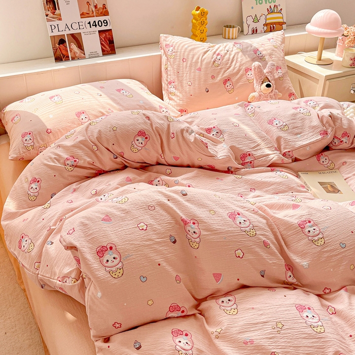 91家纺网 家纺一手货源 找家纺 维娜斯家纺 2025新款印花双层纱四件套亲肤柔软适合裸睡 小兔莉莉