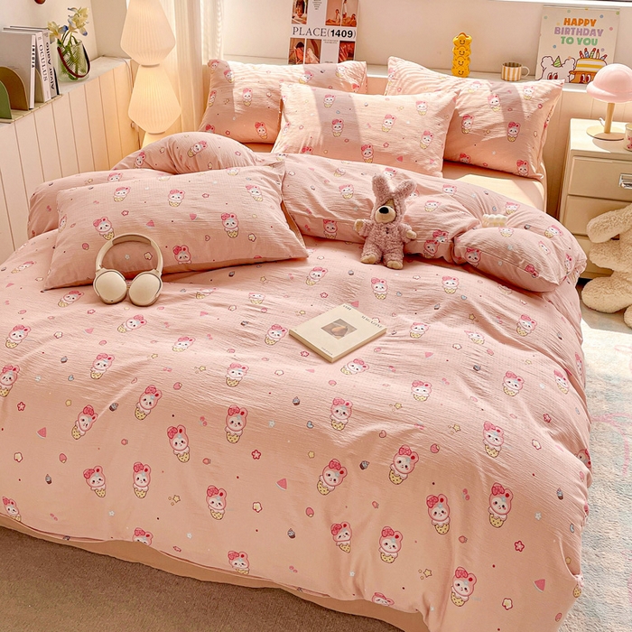 91家纺网 家纺一手货源 找家纺 维娜斯家纺 2025新款印花双层纱四件套亲肤柔软适合裸睡 小兔莉莉