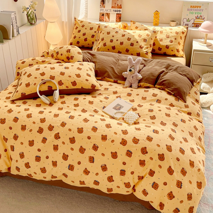 91家纺网 家纺一手货源 找家纺 维娜斯家纺 2025新款印花双层纱四件套亲肤柔软适合裸睡 小熊梦梦