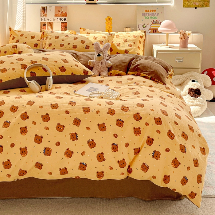 91家纺网 家纺一手货源 找家纺 维娜斯家纺 2025新款印花双层纱四件套亲肤柔软适合裸睡 小熊梦梦