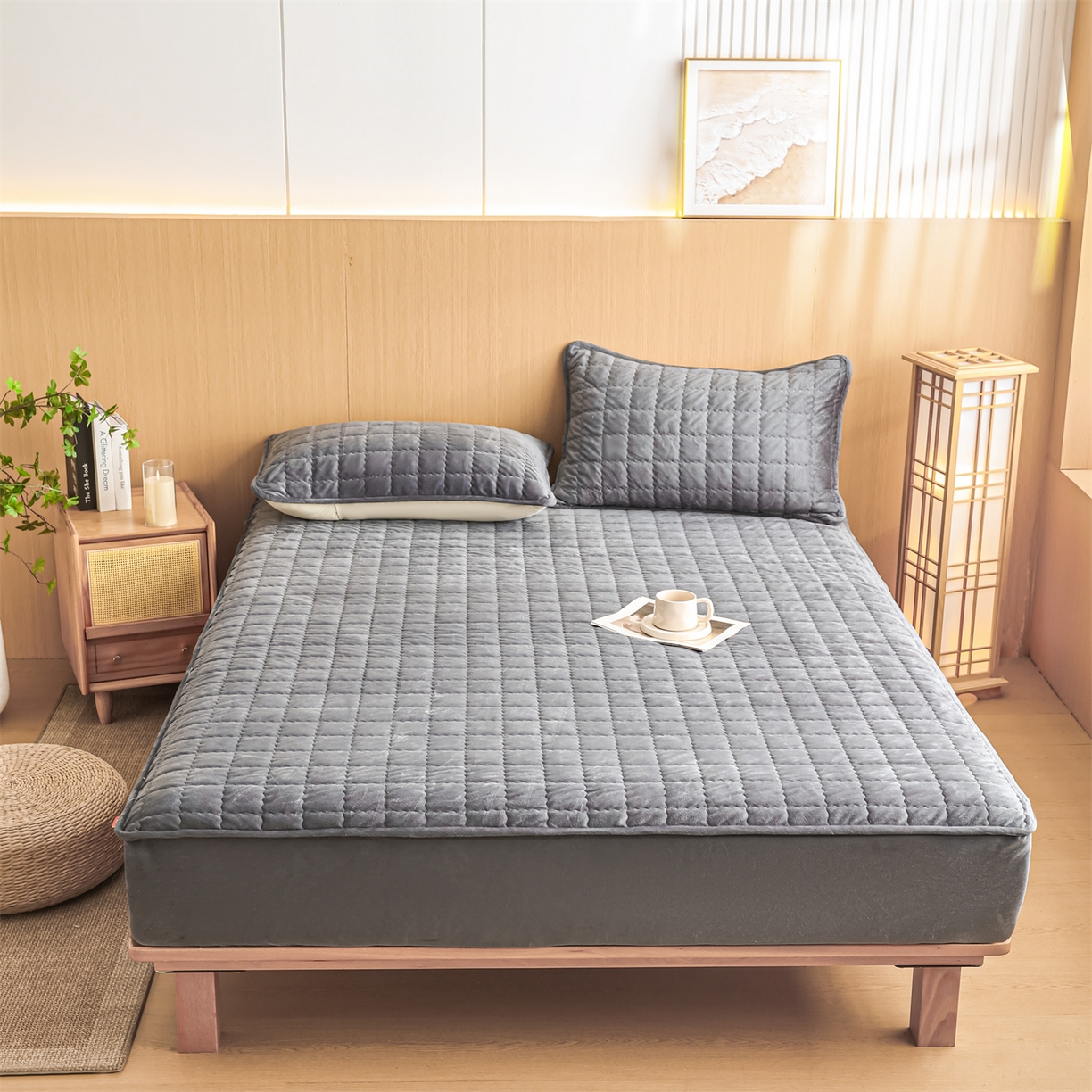 91家纺网 家纺一手货源 找家纺 潮邦创意家居 2025新款婴儿绒夹棉床笠单品单件床垫保护套 星空灰