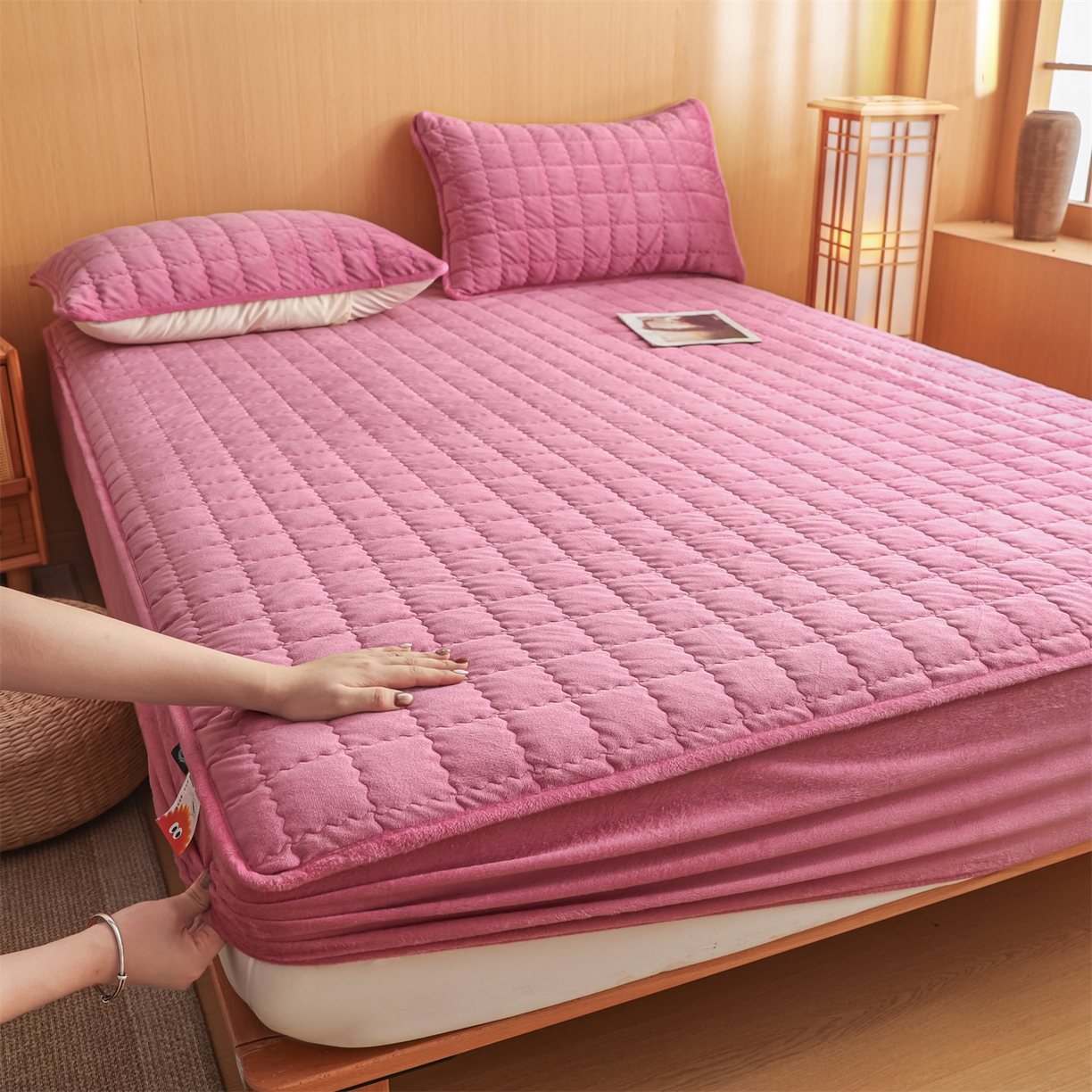 潮邦创意家居 2025新款婴儿绒夹棉床笠单品单件床垫保护套 海棠粉