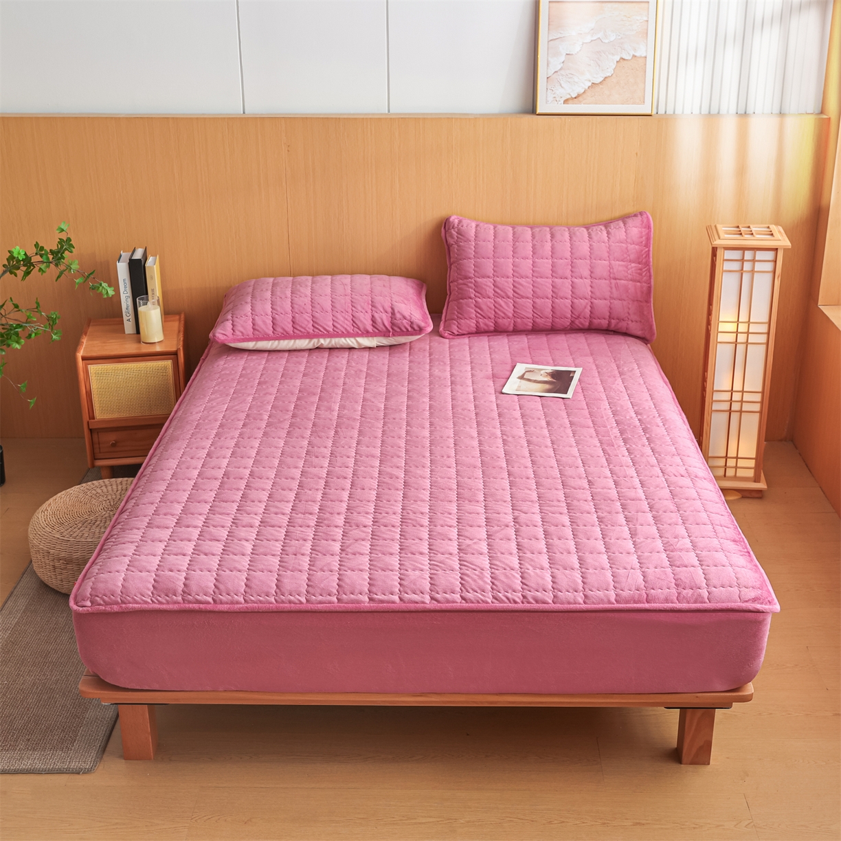 91家纺网 家纺一手货源 找家纺 潮邦创意家居 2025新款婴儿绒夹棉床笠单品单件床垫保护套 海棠粉