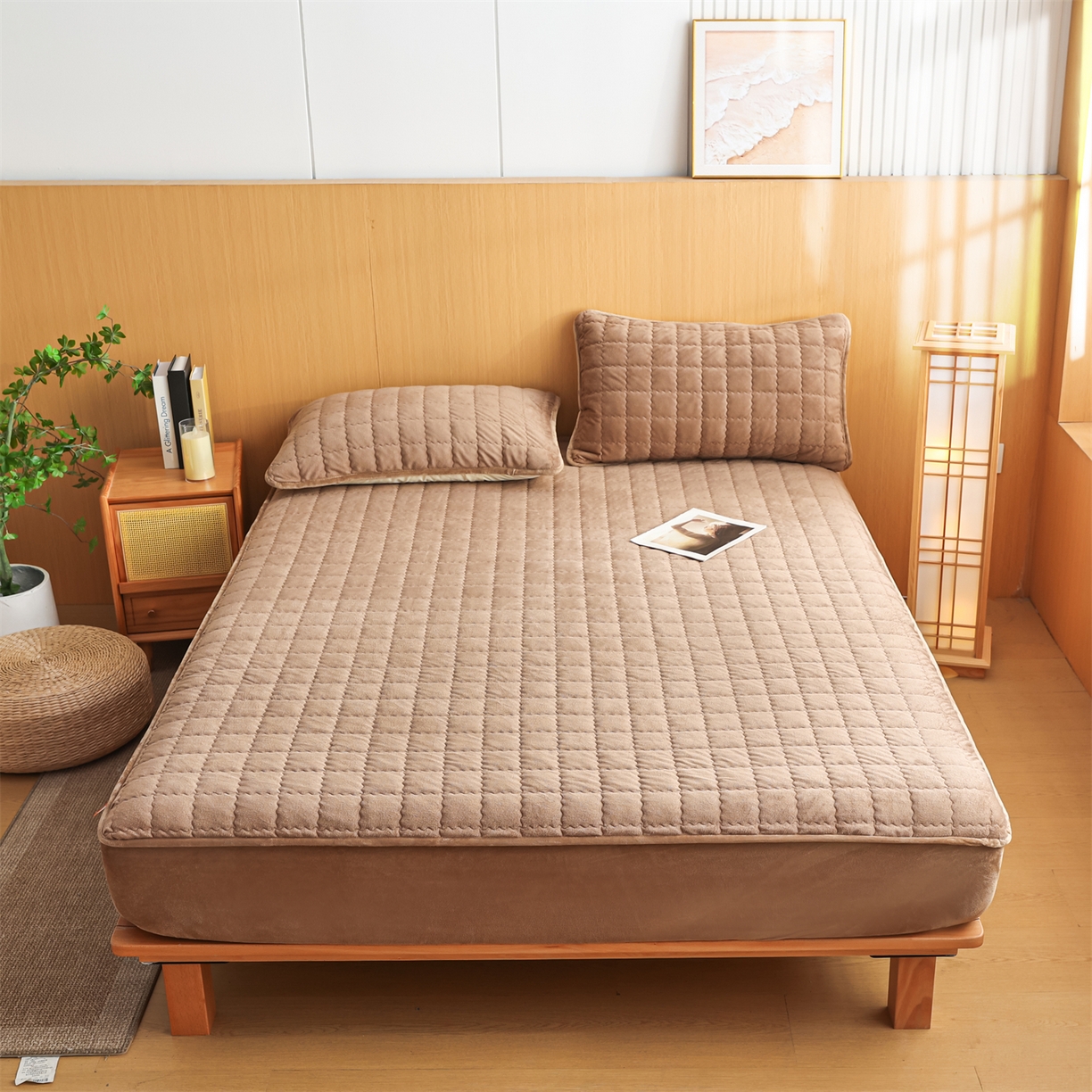 91家纺网 家纺一手货源 找家纺 潮邦创意家居 2025新款婴儿绒夹棉床笠单品单件床垫保护套 卡其