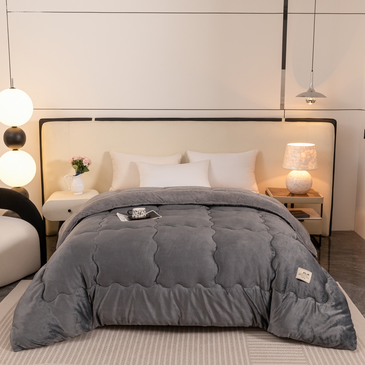 91家纺网 家纺一手货源 找家纺 永耀家纺 2025新款牛奶绒冬被羊羔绒被子跨境外贸电商直播网销供货 灰色