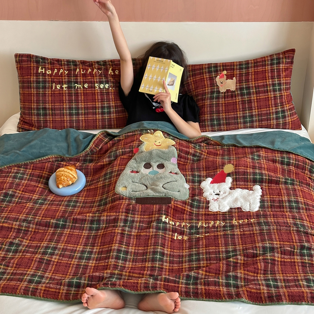 91家纺网 家纺一手货源 找家纺 桃子家居 2025新款A类ins全消光高品质仿生绵羊绒三角针工艺兔毛贴布绣刺绣加厚牛奶绒毛毯多功能毯 绒毛毯-三角针圣诞狗狗