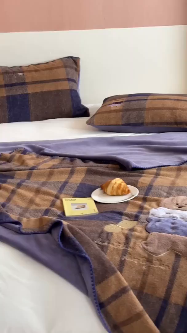 91家纺网 家纺一手货源 找家纺 桃子家居 2025新款A类ins全消光高品质仿生绵羊绒三角针工艺兔毛贴布绣刺绣加厚牛奶绒毛毯多功能毯 绒毛毯-三角针饼干围巾熊