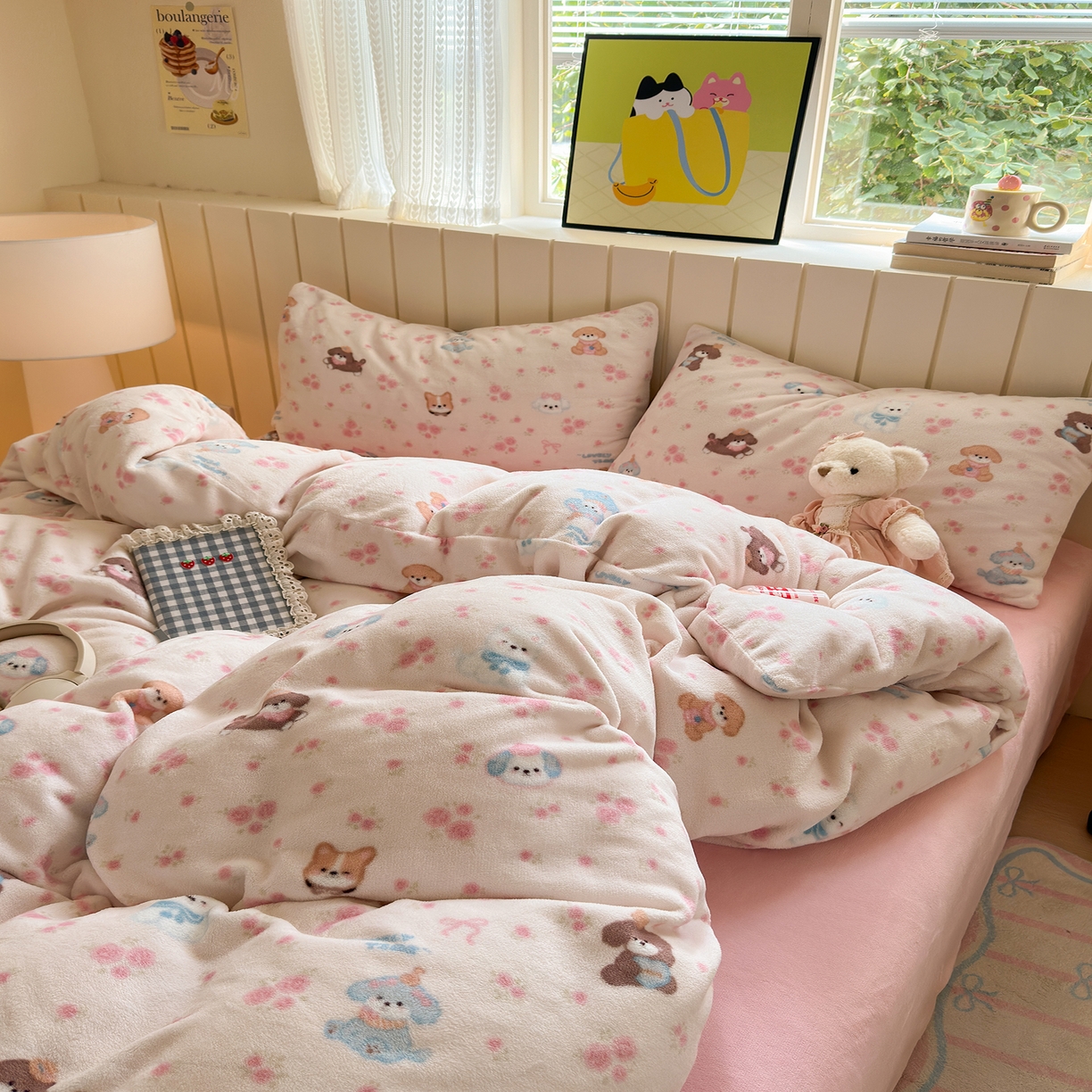 91家纺网 家纺一手货源 找家纺 丽美人家纺 2025新款印花双面加厚绒高克重牛奶绒被罩单品被套单件被套 油画小萌物