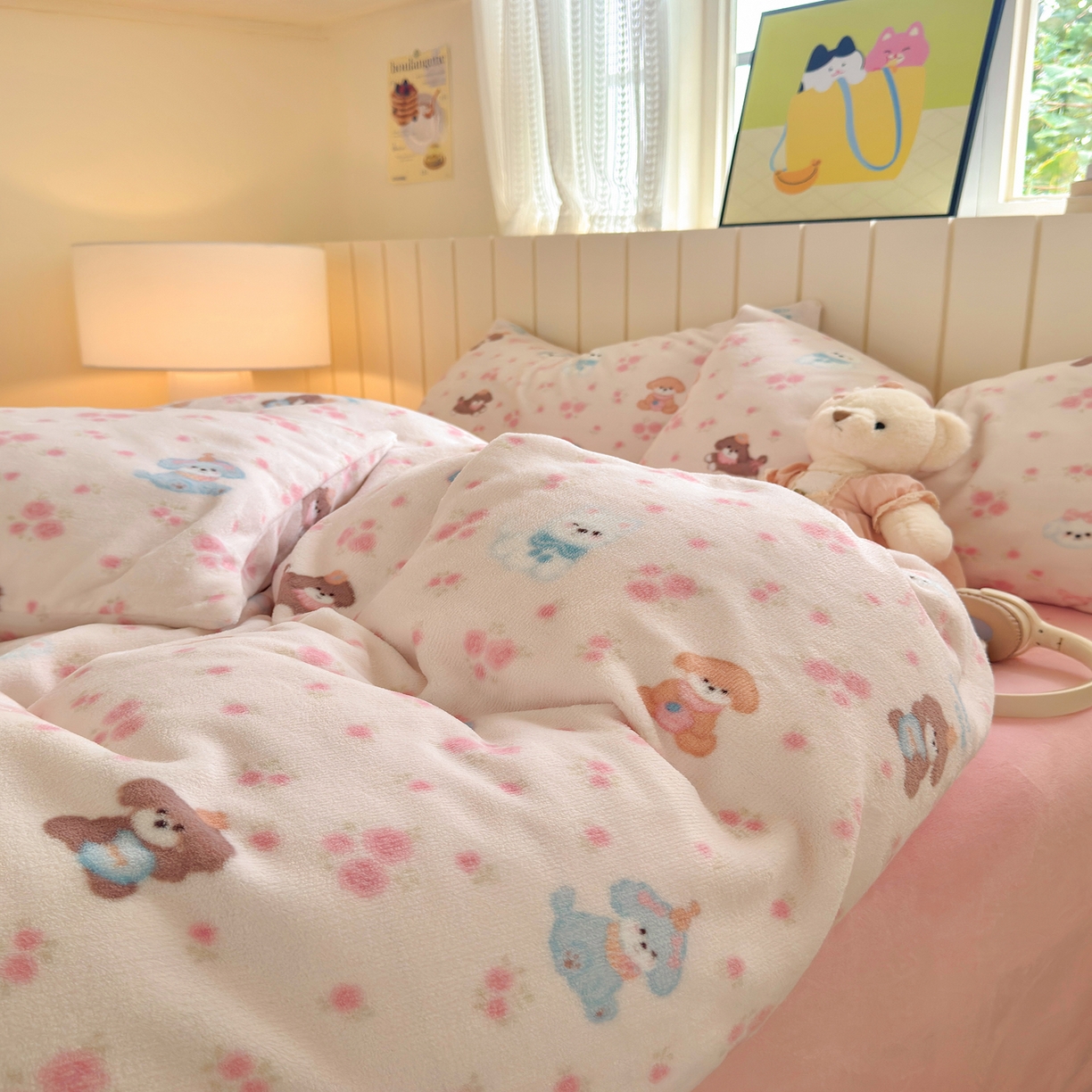 91家纺网 家纺一手货源 找家纺 丽美人家纺 2025新款印花双面加厚绒高克重牛奶绒被罩单品被套单件被套 油画小萌物