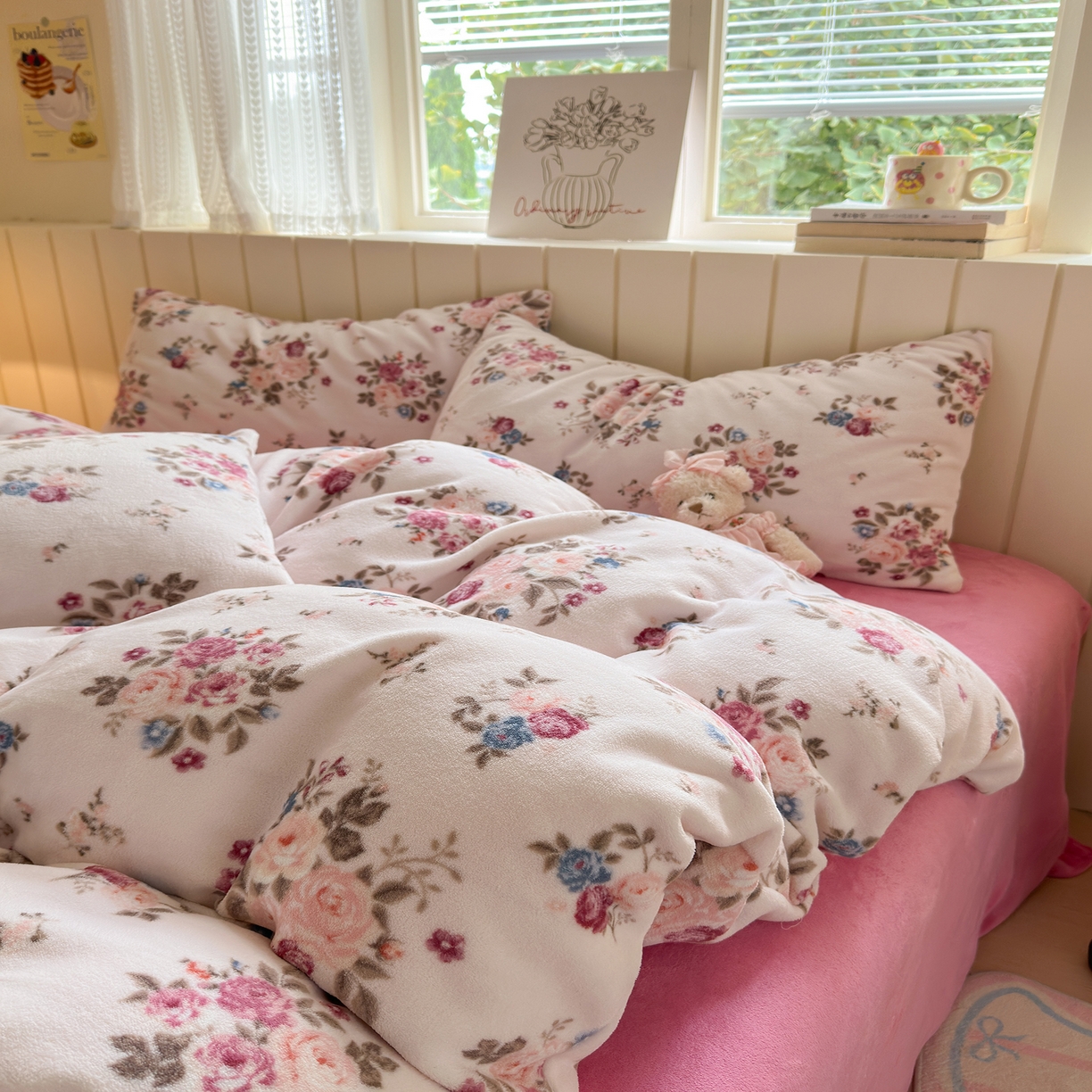 91家纺网 家纺一手货源 找家纺 丽美人家纺 2025新款印花双面加厚绒高克重牛奶绒被罩单品被套单件被套 山茶花语-粉