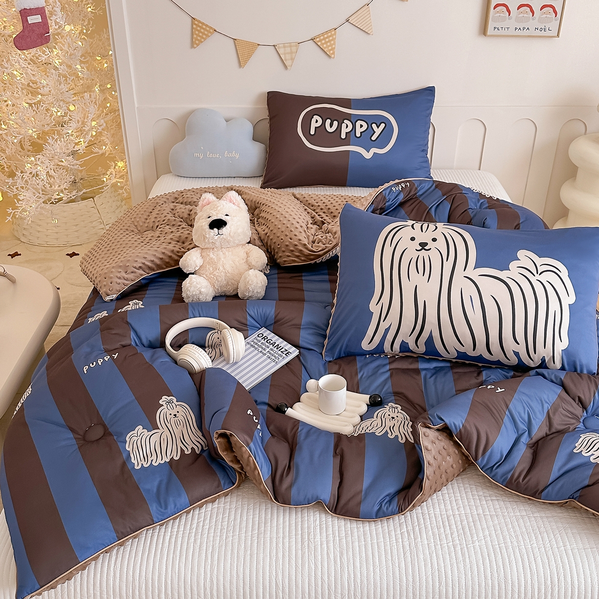 91家纺网 家纺一手货源 找家纺 RYB红黄兰 2025新款设计师原创针织棉暖暖豆豆绒秋冬被芯被子 蓝条哈基米