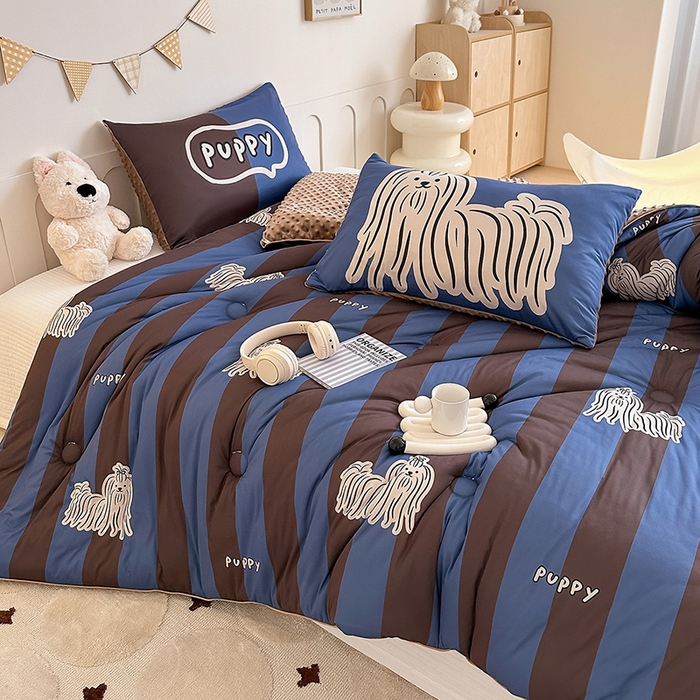 91家纺网 家纺一手货源 找家纺 RYB红黄兰 2025新款设计师原创针织棉暖暖豆豆绒秋冬被芯被子 蓝条哈基米