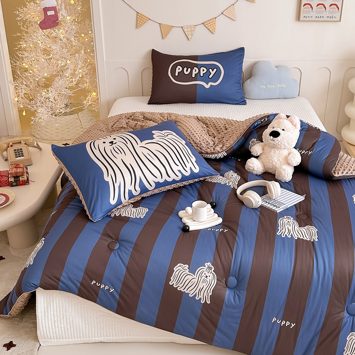 91家纺网 家纺一手货源 找家纺 RYB红黄兰 2025新款设计师原创针织棉暖暖豆豆绒秋冬被芯被子 蓝条哈基米