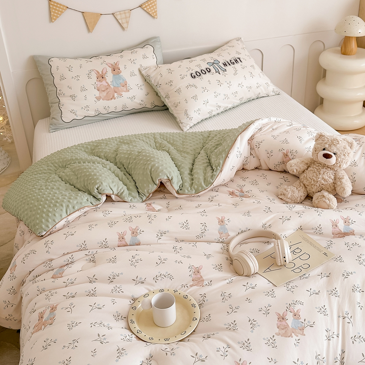 91家纺网 家纺一手货源 找家纺 RYB红黄兰 2025新款设计师原创针织棉暖暖豆豆绒秋冬被芯被子 森林兔子