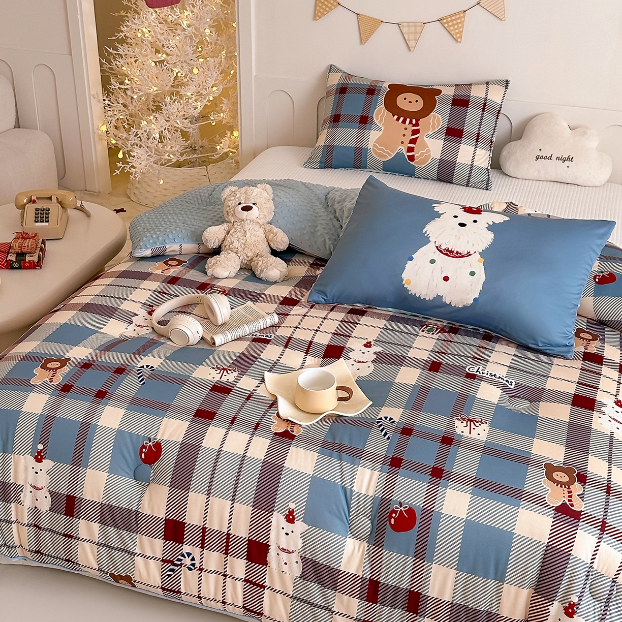 91家纺网 家纺一手货源 找家纺 RYB红黄兰 2025新款设计师原创针织棉暖暖豆豆绒秋冬被芯被子 圣诞西高地