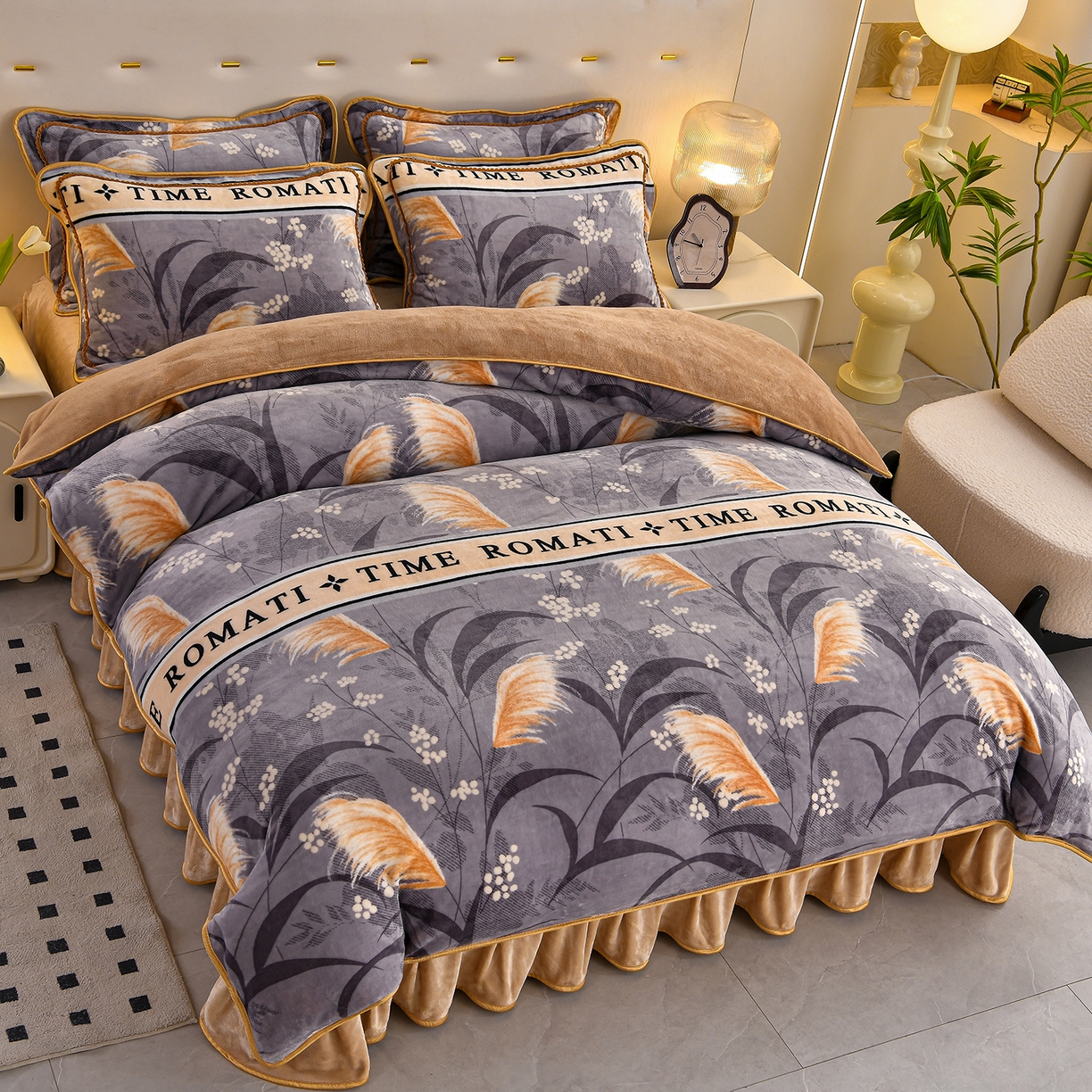 91家纺网 家纺一手货源 找家纺 （总）赫本 2025新品8斤爆品牛奶绒四件套床裙款金雕绒法莱绒四套件