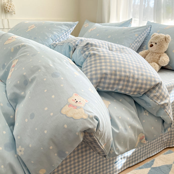 91家纺网 家纺一手货源 找家纺 吉象家纺 2025新款12868全棉印花单被套 蓝色泡芙狗