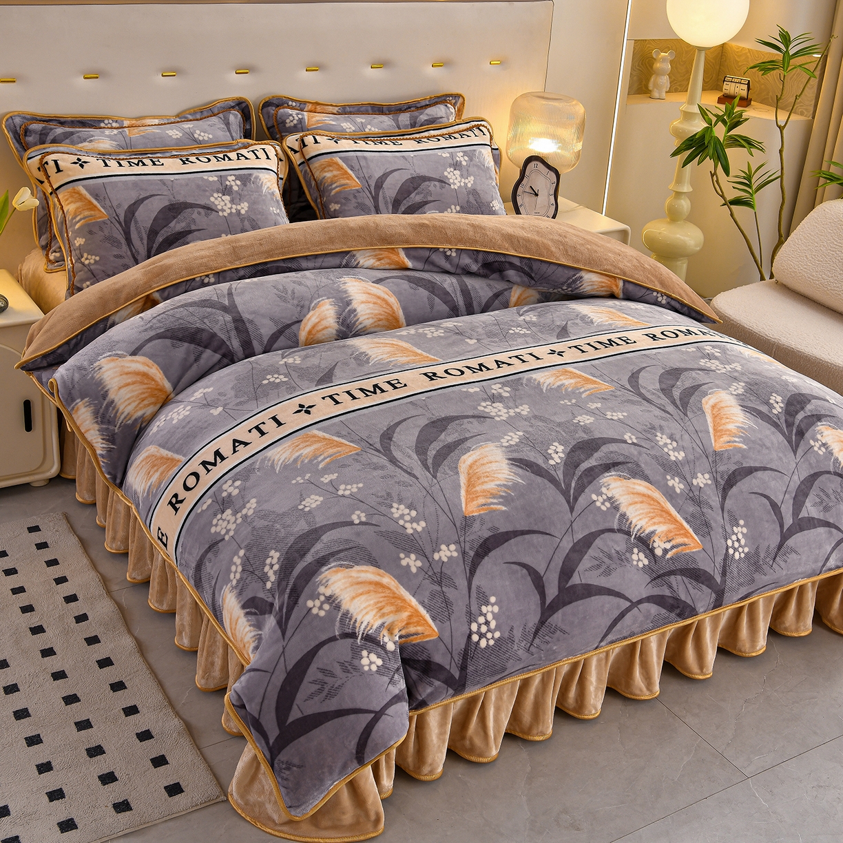 赫本 2025新品8斤爆品牛奶绒四件套床裙款金雕绒法莱绒四套件 入秋