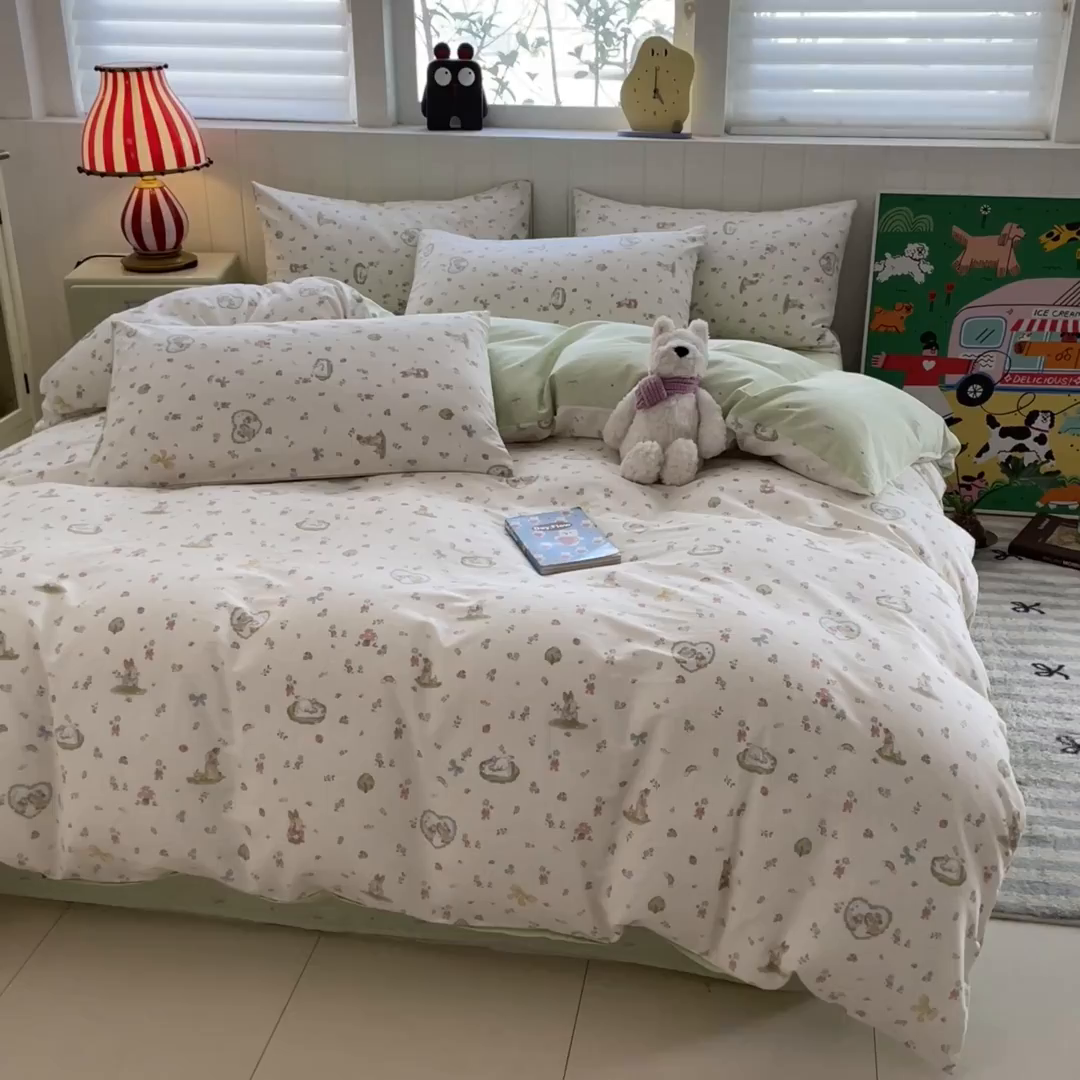 91家纺网 家纺一手货源 找家纺 吉象家纺 2025新款12868全棉印花单被套 蘑菇小兔
