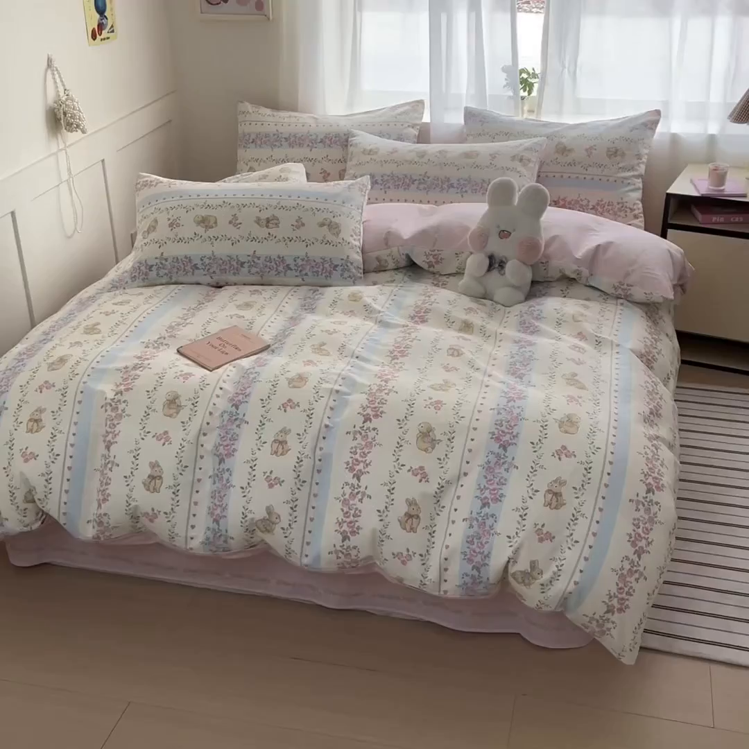 91家纺网 家纺一手货源 找家纺 吉象家纺 2025新款12868全棉印花单被套 碎花小兔