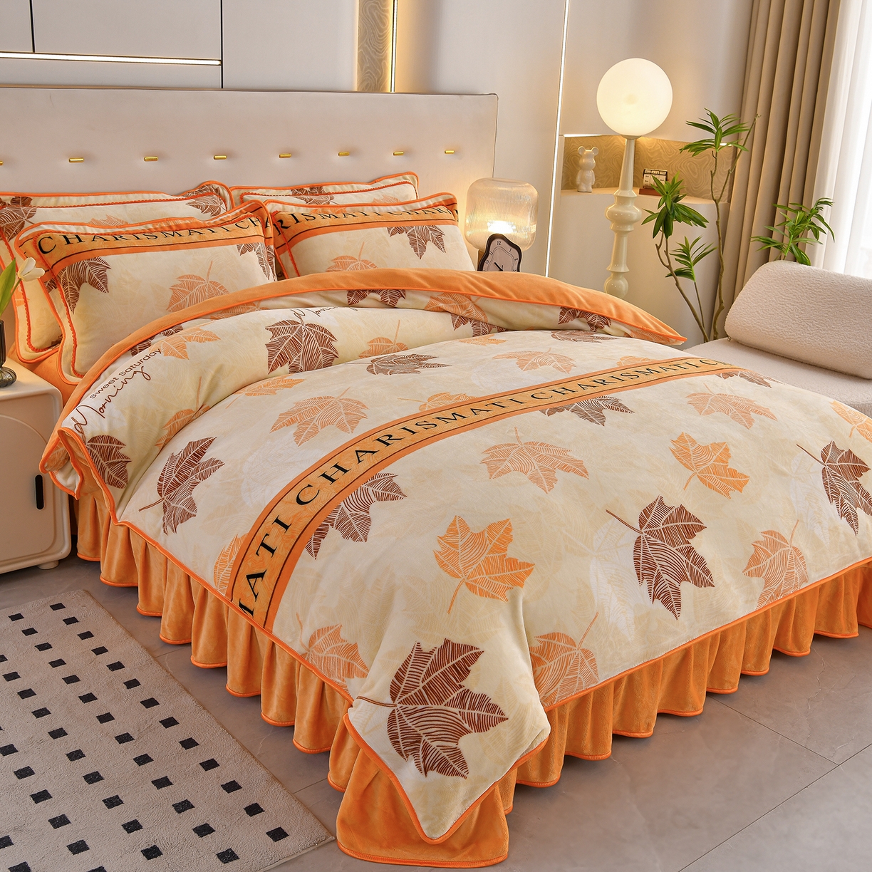 91家纺网 家纺一手货源 找家纺 赫本 2025新品8斤爆品牛奶绒四件套床裙款金雕绒法莱绒四套件 秋枫橙