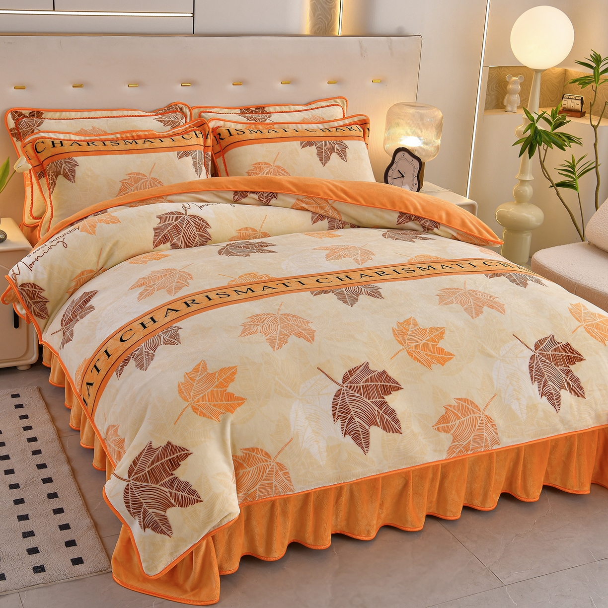 91家纺网 家纺一手货源 找家纺 赫本 2025新品8斤爆品牛奶绒四件套床裙款金雕绒法莱绒四套件 秋枫橙