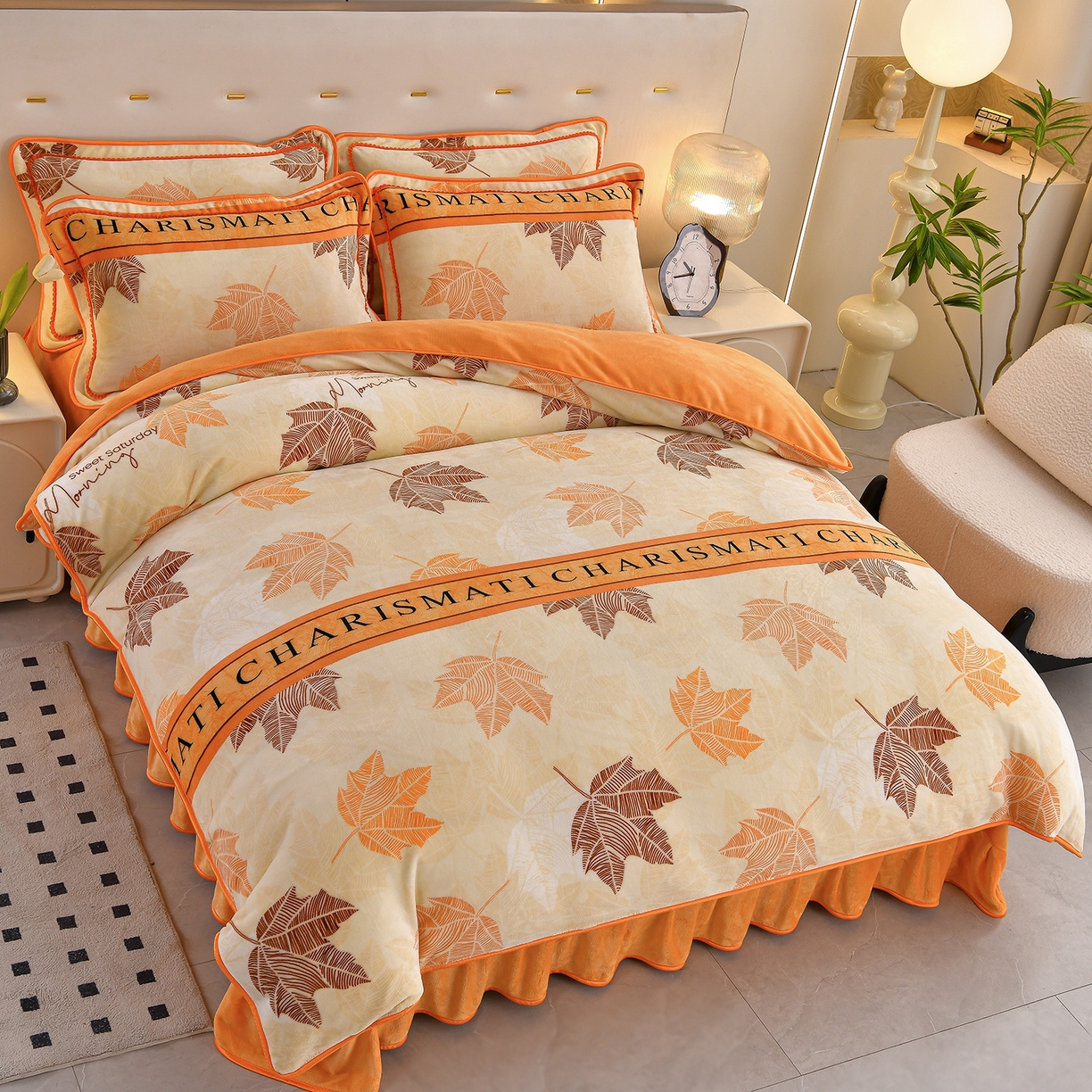 91家纺网 家纺一手货源 找家纺 赫本 2025新品8斤爆品牛奶绒四件套床裙款金雕绒法莱绒四套件 秋枫橙