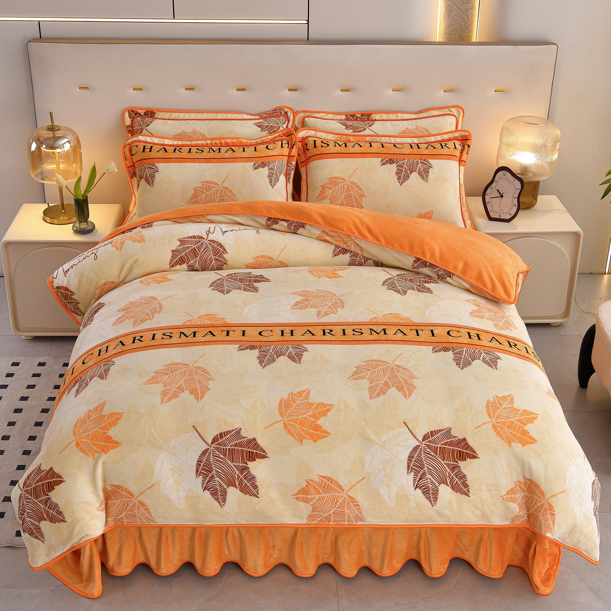 91家纺网 家纺一手货源 找家纺 赫本 2025新品8斤爆品牛奶绒四件套床裙款金雕绒法莱绒四套件 秋枫橙