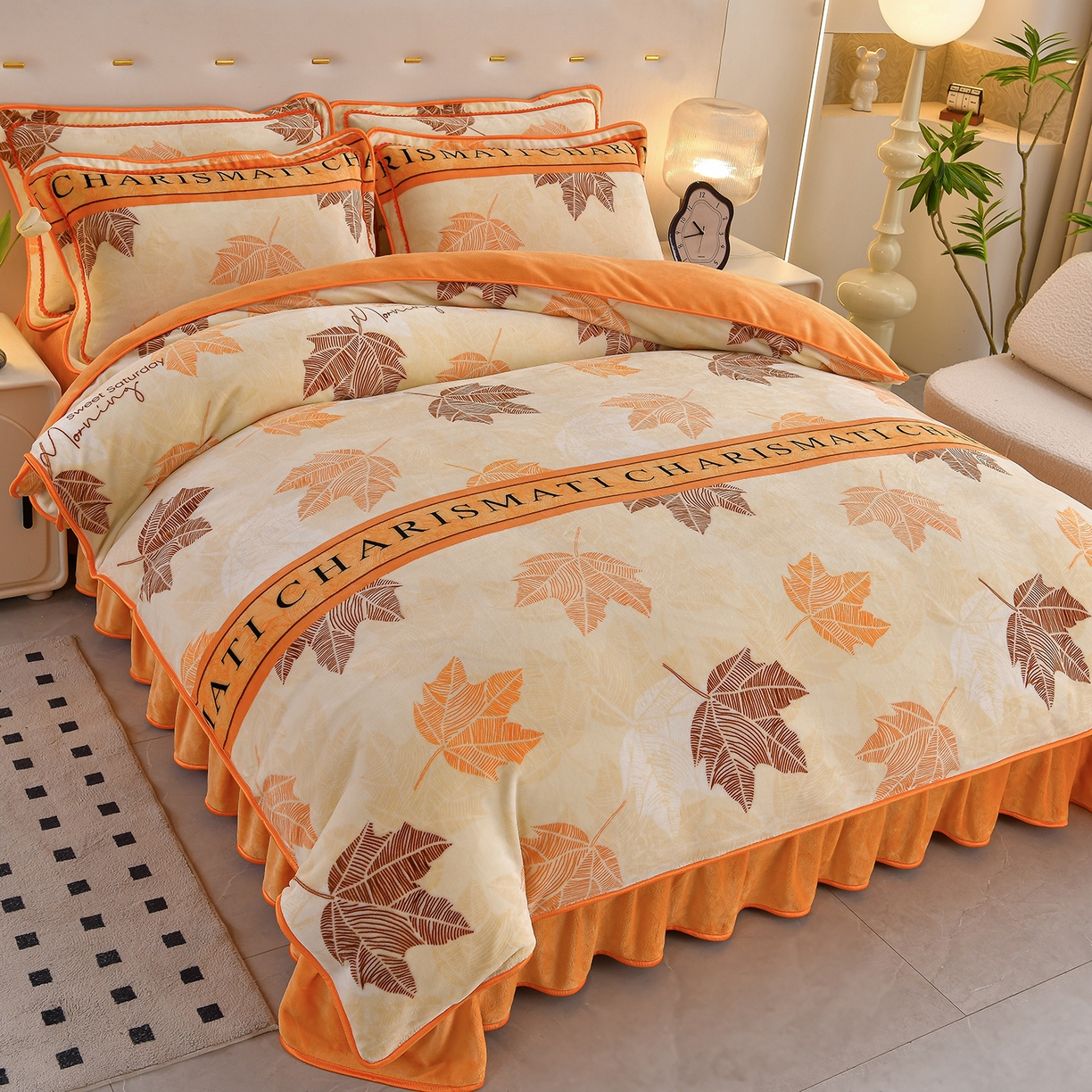 91家纺网 家纺一手货源 找家纺 赫本 2025新品8斤爆品牛奶绒四件套床裙款金雕绒法莱绒四套件 秋枫橙,秋枫橙