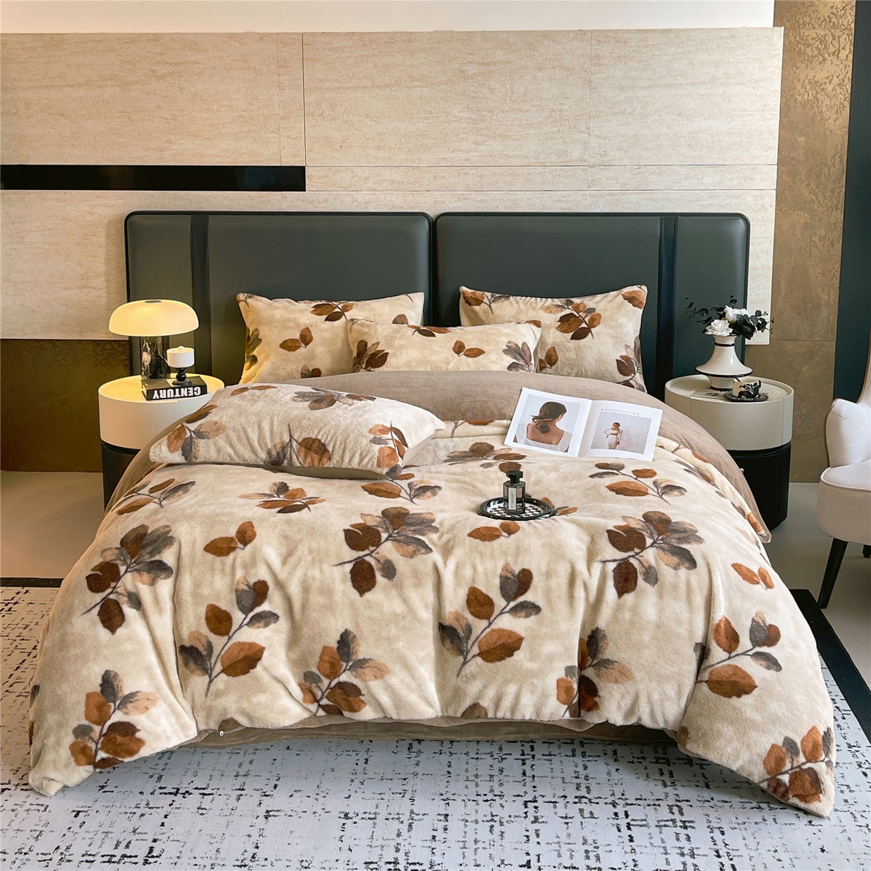 91家纺网 家纺一手货源 找家纺 佰亿莱 2026新款印花兔毛绒双面锁温暖绒四件套 云杉-咖