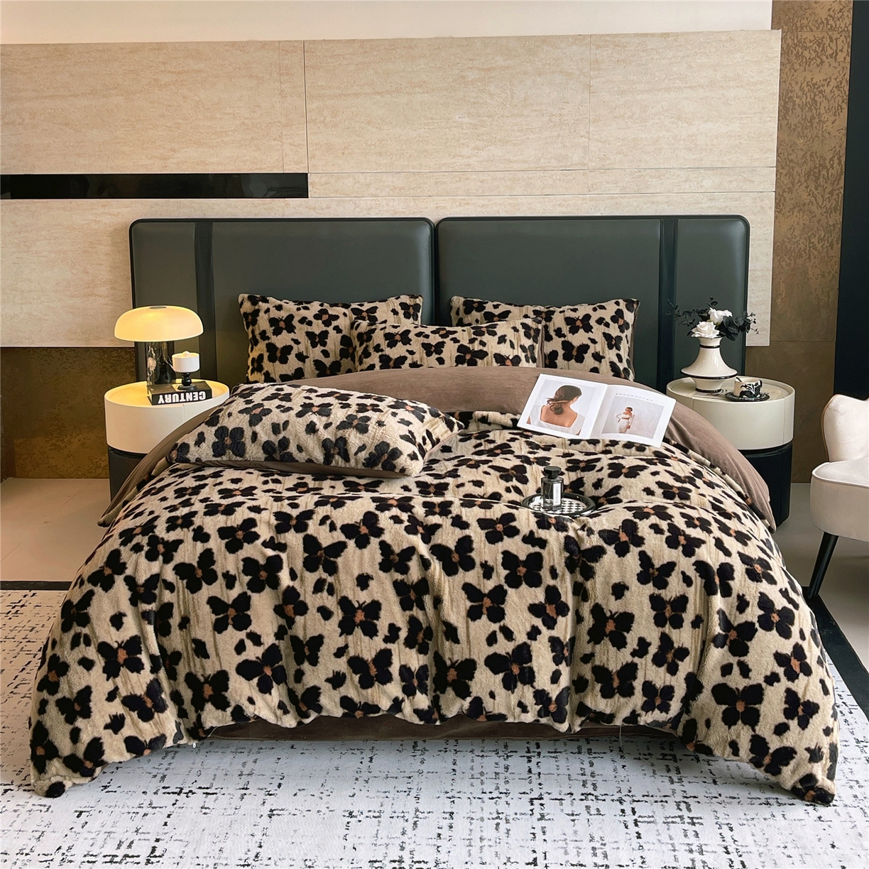 佰亿莱 2026新款印花兔毛绒双面锁温暖绒四件套 凤蝶-咖