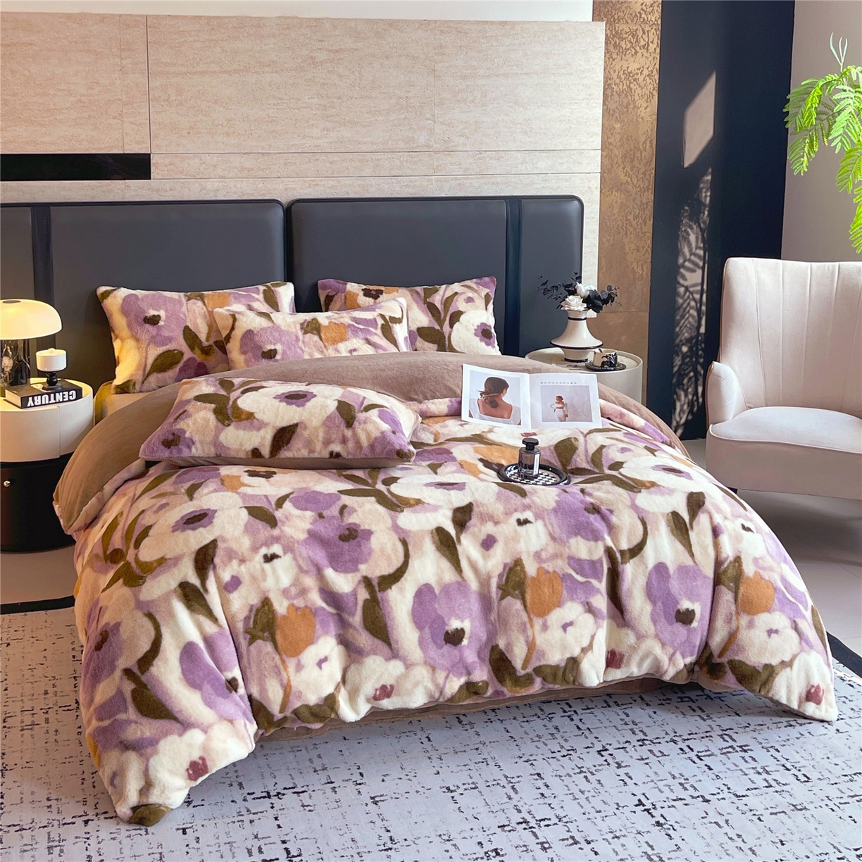 91家纺网 家纺一手货源 找家纺 佰亿莱 2026新款印花兔毛绒双面锁温暖绒四件套 瑾色