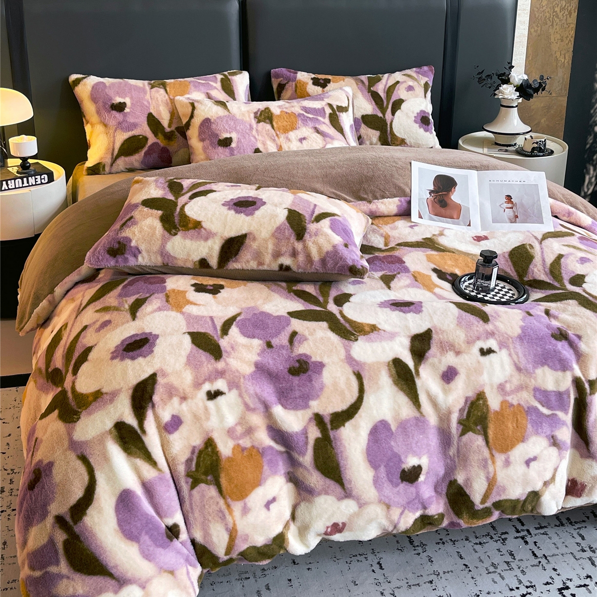 91家纺网 家纺一手货源 找家纺 佰亿莱 2026新款印花兔毛绒双面锁温暖绒四件套 瑾色