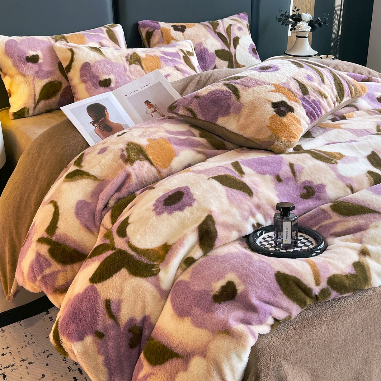 91家纺网 家纺一手货源 找家纺 佰亿莱 2026新款印花兔毛绒双面锁温暖绒四件套 瑾色