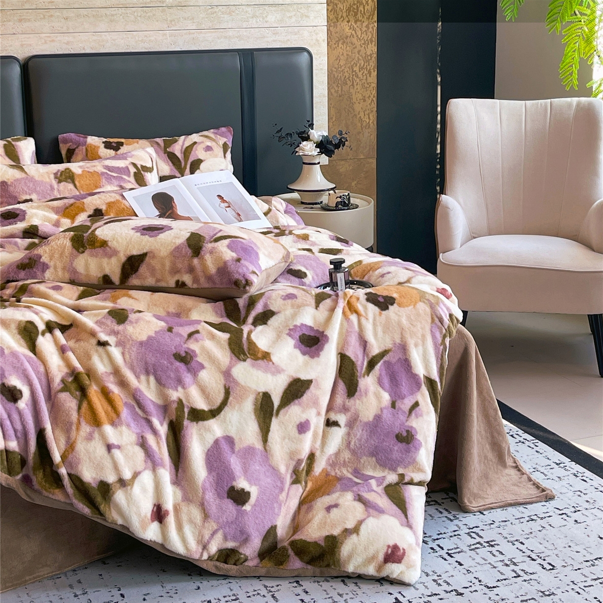 91家纺网 家纺一手货源 找家纺 佰亿莱 2026新款印花兔毛绒双面锁温暖绒四件套 瑾色