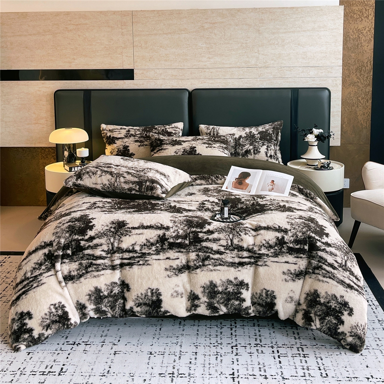 佰亿莱 2026新款印花兔毛绒双面锁温暖绒四件套 墨栖-白