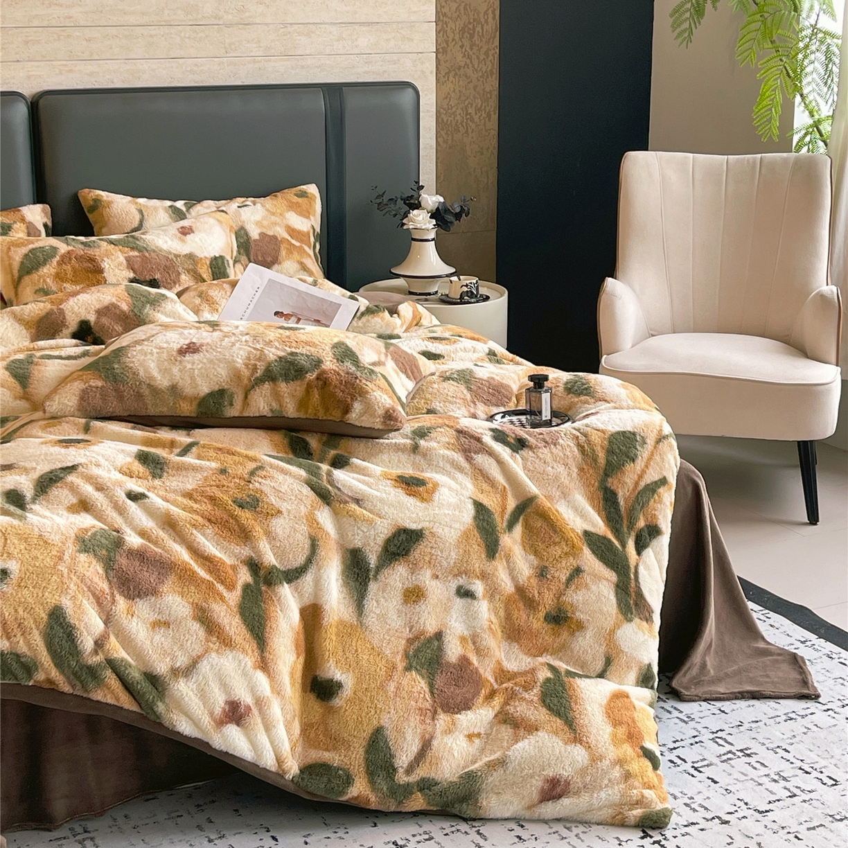 91家纺网 家纺一手货源 找家纺 佰亿莱 2026新款印花兔毛绒双面锁温暖绒四件套 秋离