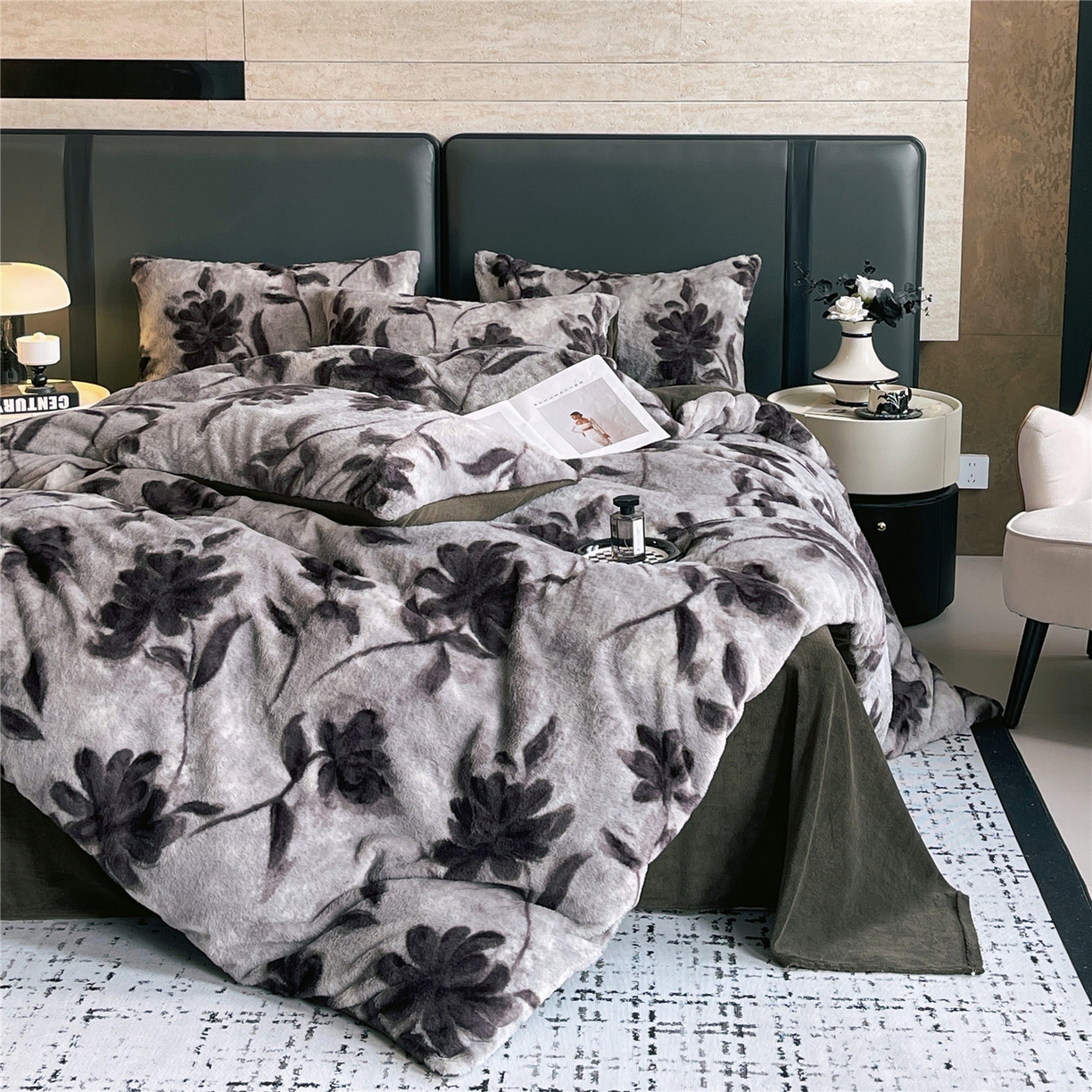 91家纺网 家纺一手货源 找家纺 佰亿莱 2026新款印花兔毛绒双面锁温暖绒四件套 晚棠