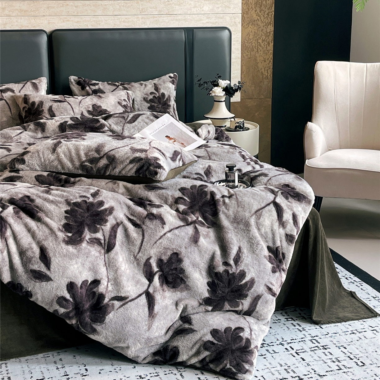 91家纺网 家纺一手货源 找家纺 佰亿莱 2026新款印花兔毛绒双面锁温暖绒四件套 晚棠