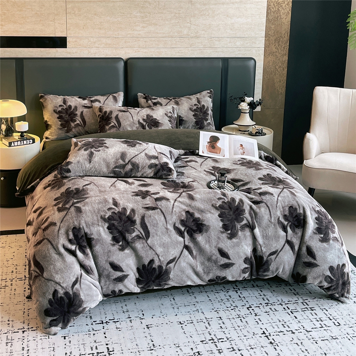 91家纺网 家纺一手货源 找家纺 佰亿莱 2026新款印花兔毛绒双面锁温暖绒四件套 晚棠