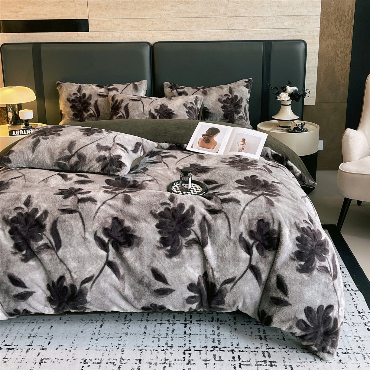 91家纺网 家纺一手货源 找家纺 佰亿莱 2026新款印花兔毛绒双面锁温暖绒四件套 晚棠