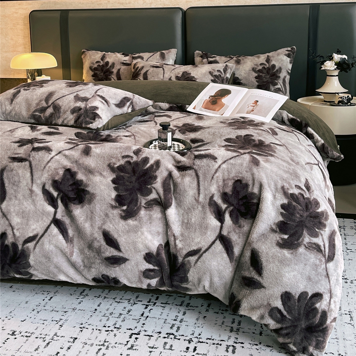 91家纺网 家纺一手货源 找家纺 佰亿莱 2026新款印花兔毛绒双面锁温暖绒四件套 晚棠