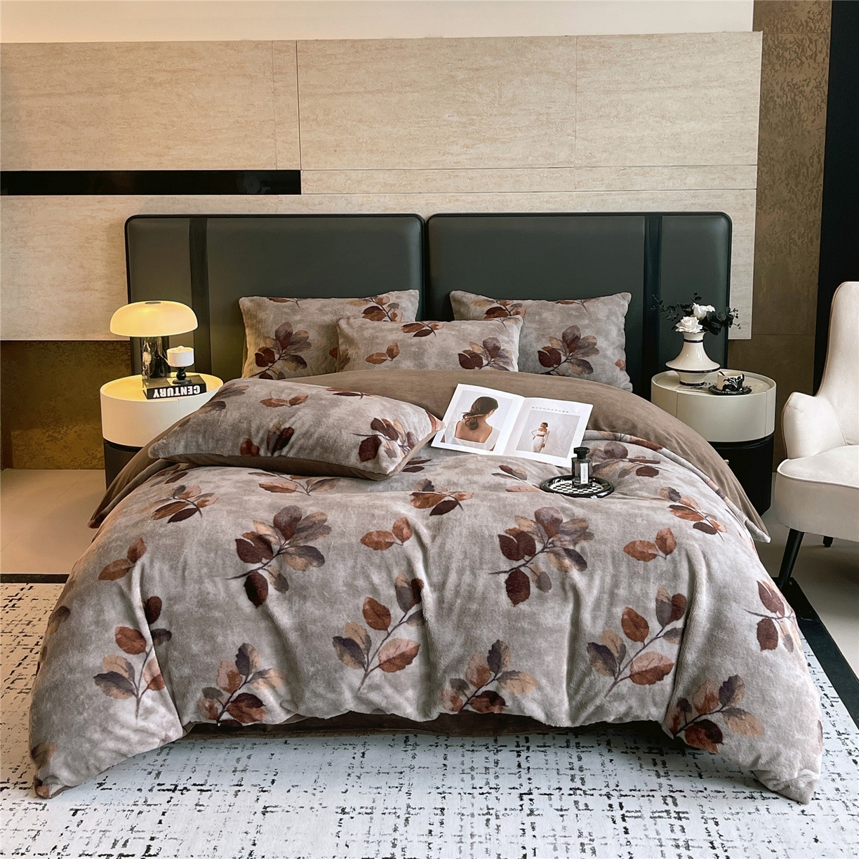 佰亿莱 2026新款印花兔毛绒双面锁温暖绒四件套 云杉-灰