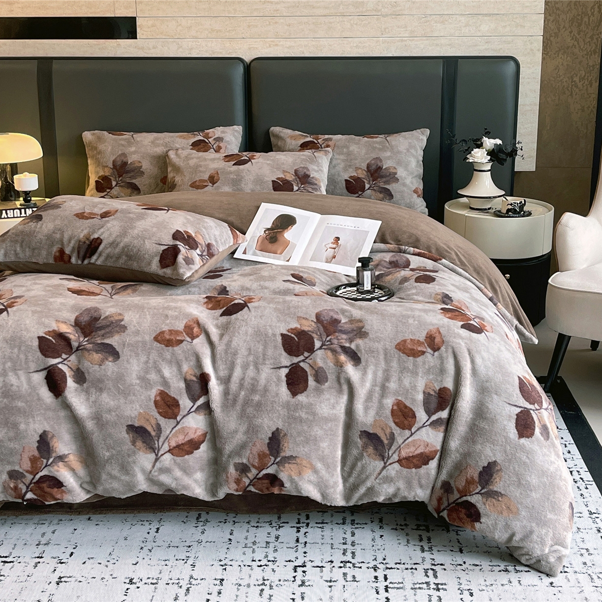 91家纺网 家纺一手货源 找家纺 佰亿莱 2026新款印花兔毛绒双面锁温暖绒四件套 云杉-灰