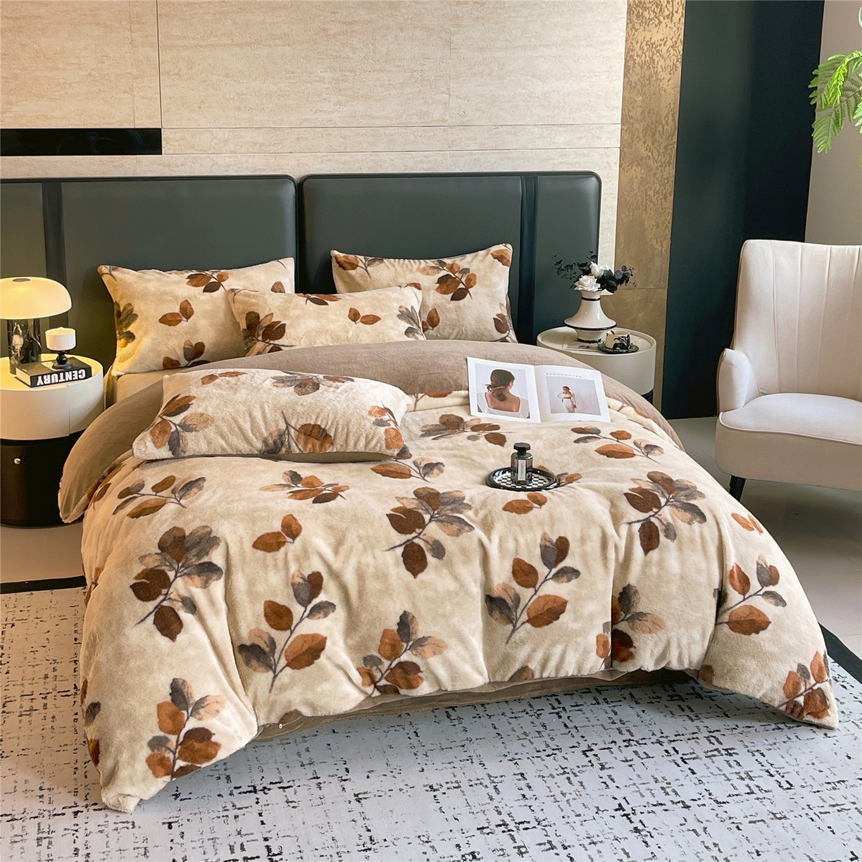 91家纺网 家纺一手货源 找家纺 佰亿莱 2026新款印花兔毛绒双面锁温暖绒四件套 云杉-咖