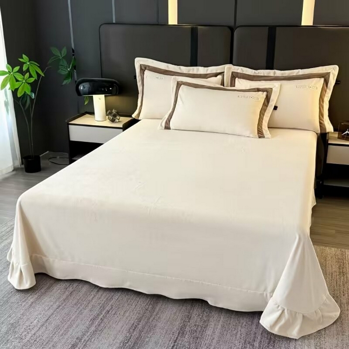 91家纺网 家纺一手货源 找家纺 淳绵家居 2025新款高克重超厚云芙绒轻奢拼色工艺款四件套 云芙绒-米色