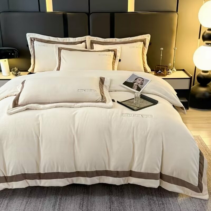 91家纺网 家纺一手货源 找家纺 淳绵家居 2025新款高克重超厚云芙绒轻奢拼色工艺款四件套 云芙绒-米色